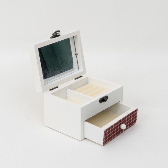 Cutie bijuterii + sertar depozitare, culoare alb, cu model brodat, 14x10x 9 cm, B.S.P. / BC 07