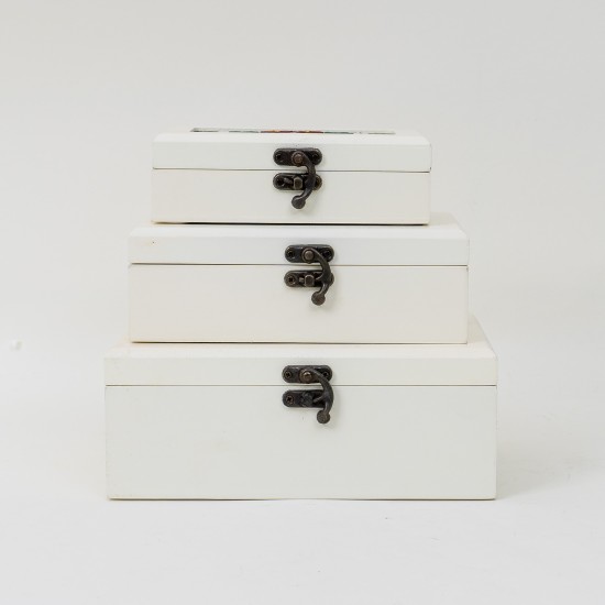 Set 3 cutii din lemn, culoare alb, model brodat, B.S.P. / BC 09