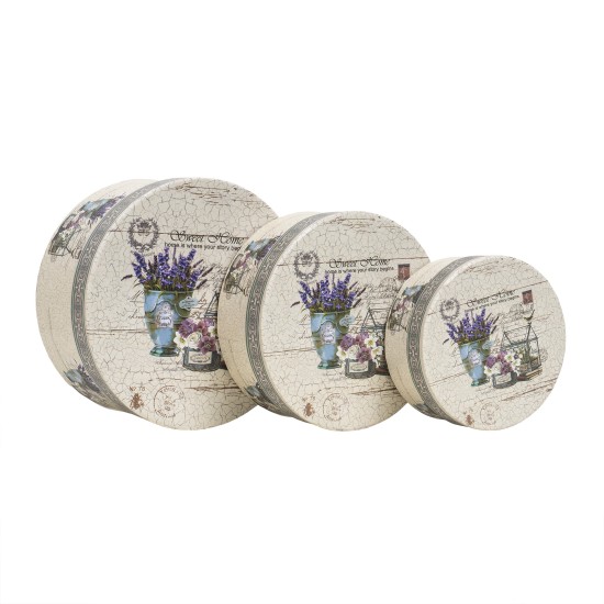 Set 3 cutii cu forma rotunda si model floral, B.S.P. / CC136_BLEU