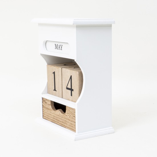 Calendra din lemn + sertar, culoare alb, 16x9x21 cm, B.S.P. / CD3460