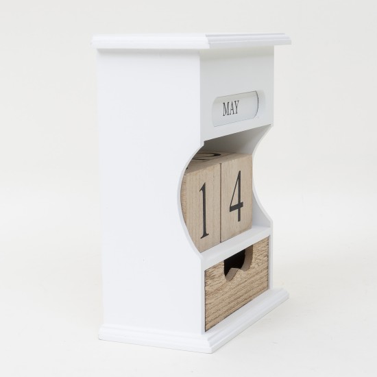 Calendra din lemn + sertar, culoare alb, 16x9x21 cm, B.S.P. / CD3460