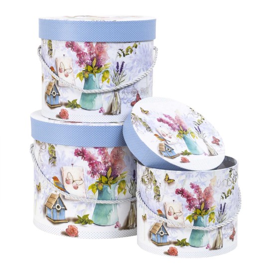 Set 3 cutii cu forma cilindrica si model lavanda, albastru / CD4390_Albastru