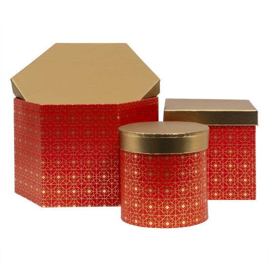 Set 3 cutii cu forme diferite si capac auriu, rosu / CD4923_Rosu