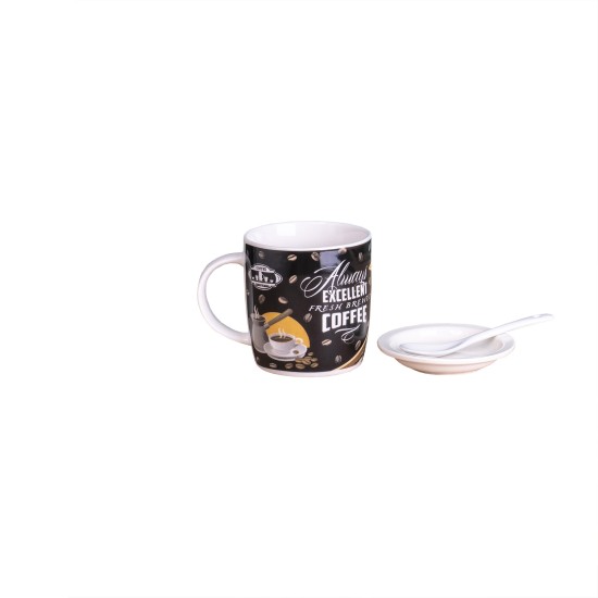 Cana din ceramica cu lingurita si farfuriuta, cu decor, capacitate 300ml / CD840