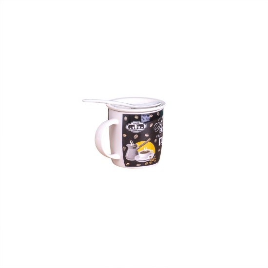 Cana din ceramica cu lingurita si farfuriuta, cu decor, capacitate 300ml / CD840