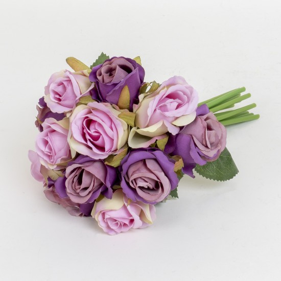 Buchet 12 trandafiri artificiali, culoare mov + roz, H 25 cm, B.S.P. / SL065_2