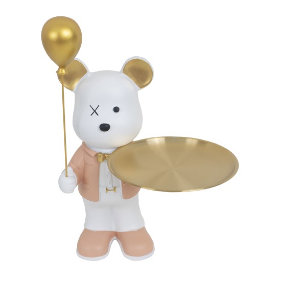 Statueta din rasina, model ursulet cu balon + tavita, culoare roz, H 30 cm, B.S.P. / SL1081_1