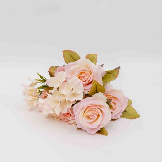 Buchet 10 fire, trandafir + hortensie, 50 cm, culoare roz deschis, B.S.P. / SL222_3