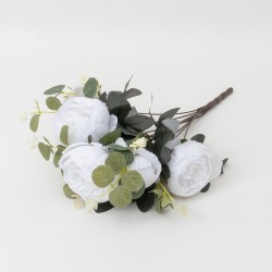 Buchet bujor artificial + eucalipt , culoare alb, 45x20 cm, B.S.P. / SL240_2