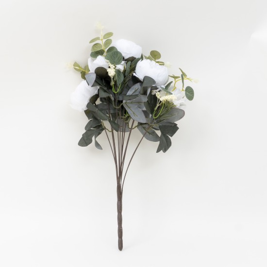 Buchet bujor artificial + eucalipt , culoare alb, 45x20 cm, B.S.P. / SL240_2