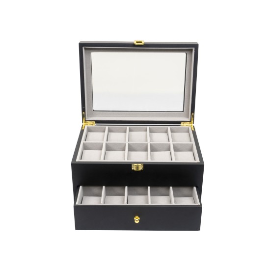 Cutie caseta din lemn pentru depozitare si organizare 20 ceasuri, culoare negru, 20X28X25 CM, B.S.P. / SL353