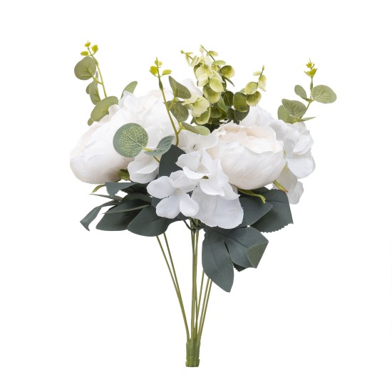 Buchet 10 fire, bujor + eucalipt, H 45 cm, culoare alb, B.S.P. / SL397_A