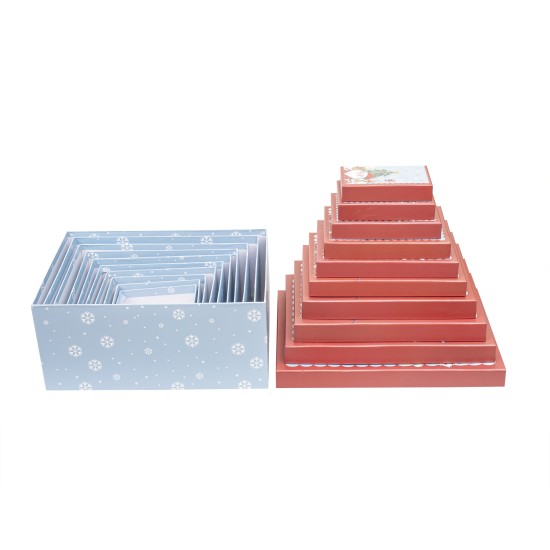 Set 10 cutii dreptunghiulare, imprimeu Craciun, culoare bleu + rosu, model Mos Craciun, 35x25x15.5 cm, B.S.P. / SL 636
