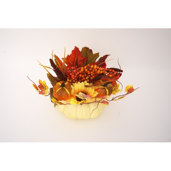 Aranjament floral cu dovleac, culoare crem, 23x20 cm, B.S.P. / SL1576-1