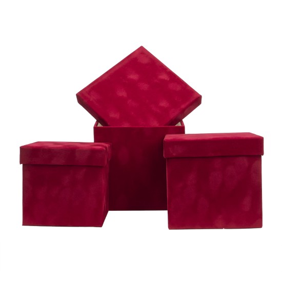 Set 3 cutii cu forma patrata din catifea, rosu / SL116_Rosu