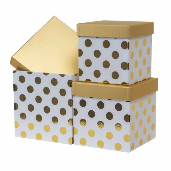 Set 3 cutii cu forma patrata cu buline si snur / CD4956_alb