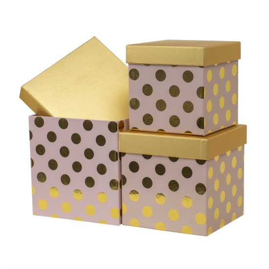 Set 3 cutii cu forma patrata cu buline si snur / CD4956_roz