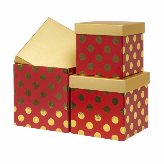 Set 3 cutii cu forma patrata cu buline si snur / CD4956_rosu